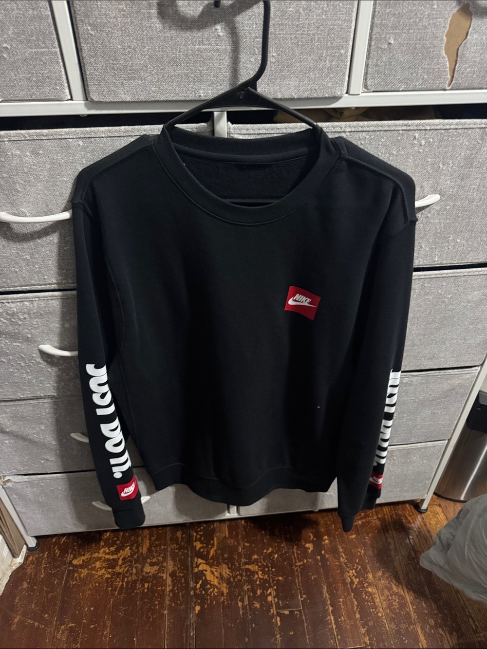 Nike Black Crewneck Sweatshirt with Red Logo and White Sleeve Script